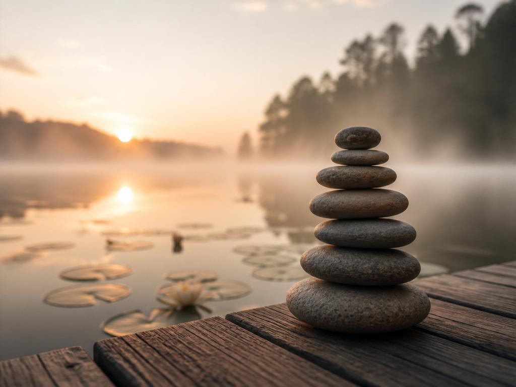 Zen stones on a misty lake at dawn